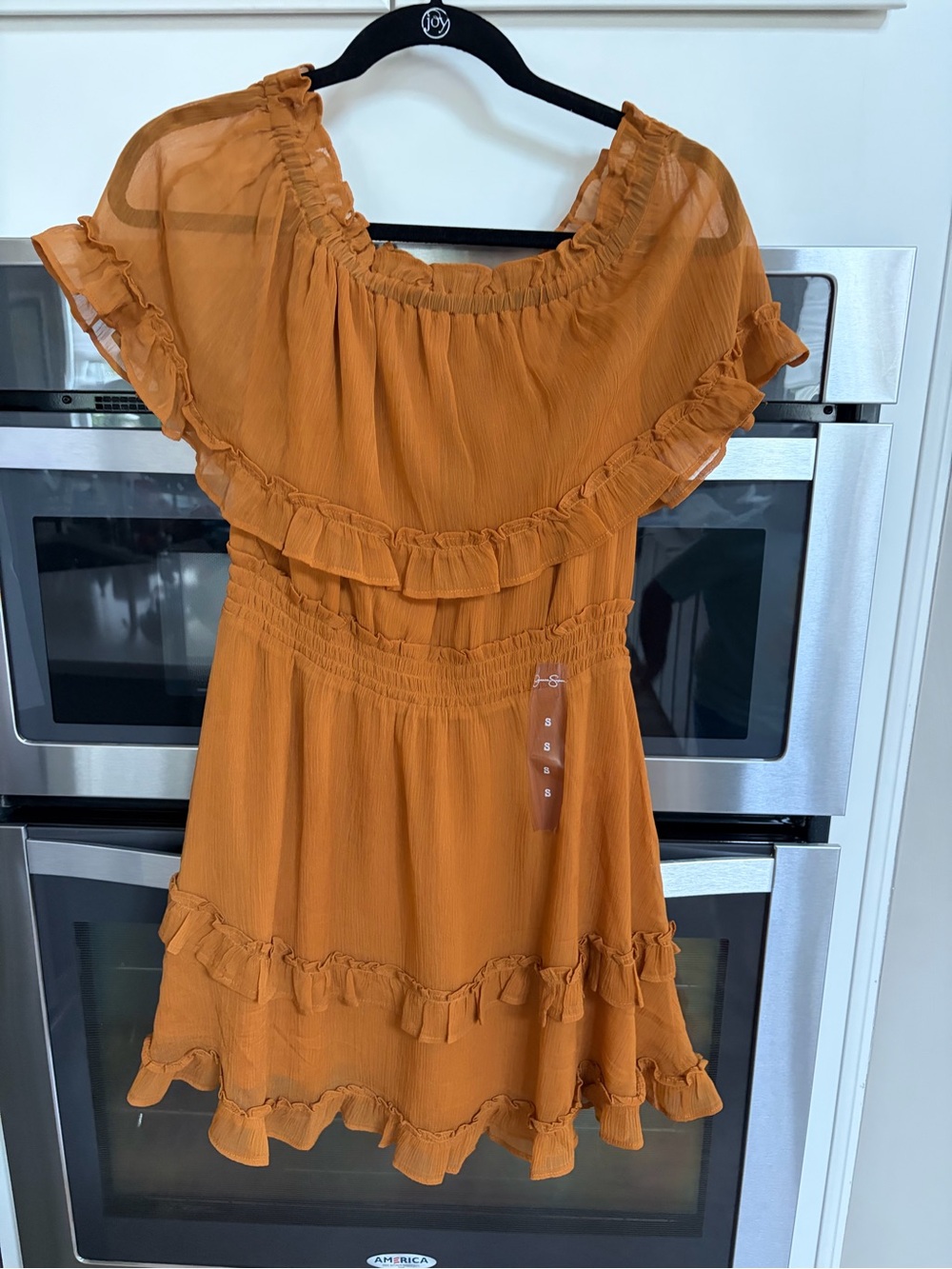 Jessica Simpson Burnt Orange Ruffle Off-Shoulder Tunic